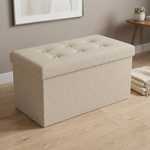 HOME DESIGN Florence 30" Upholstered Folding Storage Bench, Tufted Top, Space-Saving Storage, Beige Linen Fabric - color: Beige Linen