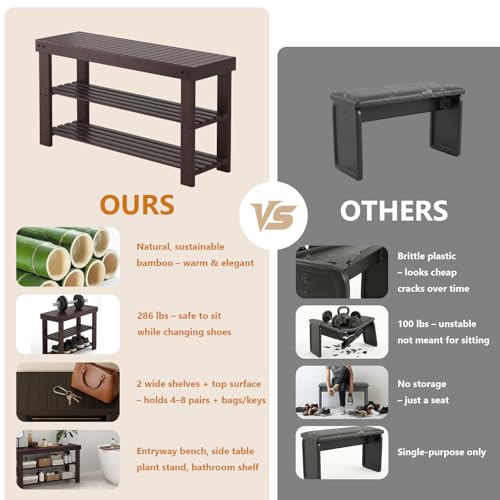 Sweetcrispy Shoe Rack Bench, 3-Tier Bamboo Entryway Storage Organizer, 286lb Capacity, Shoes Stand for FrontDoor Entrance, Bedroom, Living Room, Bathroom, Balcony, 35 Inches Length, Brown