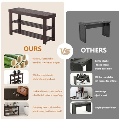 Sweetcrispy Shoe Rack Bench, 3-Tier Bamboo Entryway Storage Organizer, 286lb Capacity, Shoes Stand for FrontDoor Entrance, Bedroom, Living Room, Bathroom, Balcony, 35 Inches Length, Brown