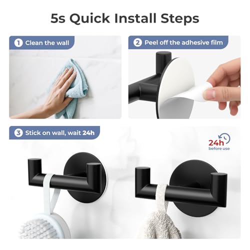 GWAAZXGZ 2 Pack Black Bathroom Hooks for Towels - Self Adhesive Double Hooks for Wall, No Drilling, Matte Finish, Strong Hold for Robes, Coats, Shower Use - color: Black