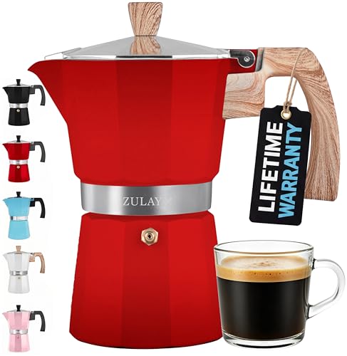 Zulay Kitchen Stovetop Espresso Maker - Moka Pot 6 Espresso Cups - Percolator Coffee Maker for Classic Cuban & Italian Style Espresso - Portable Coffee Maker for Camping & Travel - (Red) - color: Brown Wood Handle with Red, size: 5.5-Cup