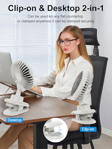 Portable Oscillating Desk Clip on Fan,10000mAh USB Rechargeable,Small Personal Fans,6-Inch Quiet,5Speed Strong Wind,Sturdy Clip,for Office/Bedroom/Room/Camping/Travel/Tent/Stroller.White