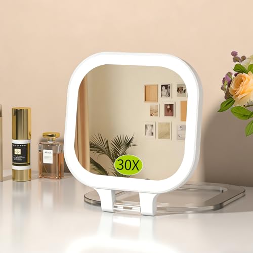 FUNTOUCH 4inch 1x 30x Magnifying Travel Makeup Mirror with Lights, Rechargeable Lighted Compact Mirror with Light, 3 Color Lighting, Double Sided Portable Handheld Hanging, Gifts for Women,White - color: White-30x