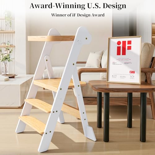 COSYLAND Foldi Foldable Toddler Kitchen Stool - Adjustable Height Toddler Standing Tower with Net & Safety Feet, IF Award-Winning Wooden Learning Step Tower for Kids 18M-6Y, White & Natural - color: White & Natural