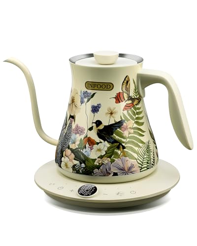 INFOOD 0.8L Gooseneck Electric Kettle, Precise Temperature Control for Pour Over Coffee & Tea, 1200W Fast Boiling Water, Auto Shut Off, Scheduling, Stainless Steel, Floral Painted Design - color: Floral