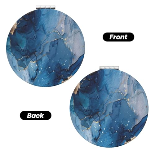 Navy Blue Gold Marble Agate Style Print Foldable Travel Pocket Mirror Round PU Leather Portable Mini Makeup Double Sided Handheld Magnifying,2.6 in - color: Navy Blue Gold Marble Agate Style