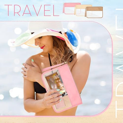 Sanwuta 3 Pcs Clear Flat Zipper Snack Pouches, Sunscreen Chenille Letter Makeup Bags, Portable Waterproof PVC Travel Cosmetic Clearly Tote Pouch Set for Beach Women Teacher Gift(Pink, Beige, Brown) - color: Pink, Beige, Brown