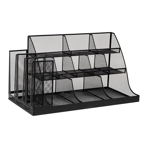 Mind Reader Cup and Condiment Station, Breakroom Countertop Organizer, 3-Tier Storage for Office Coffee Stations and Shared Spaces, Metal Mesh, Black - color: Black Metal