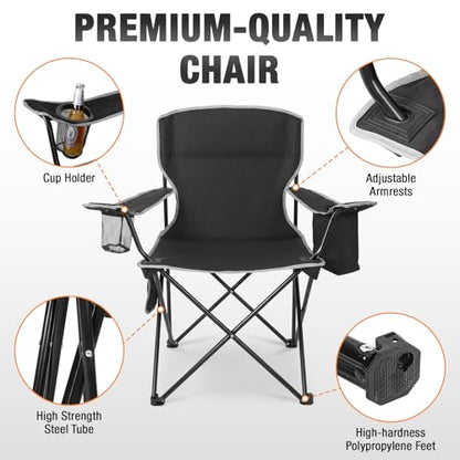 Romswi 2 Pack Lightweight Camping Chairs for Adults, Folding Outdoor Chair with 4-Can Cooler Bag, Collapsible Chair with Cup Holder for Camping, Beach, Lawn, Fishing, Black - color: Black, style: Large