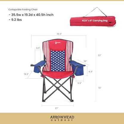 ARROWHEAD OUTDOOR 2-Pack Portable Deluxe Folding Camp Quad Chair w/Headrest, Glass & Cup Holders, Armest 6-can Cooler, Heavy Duty Carry Bag, 550 lbs Weight Capacity - color: Us Flag 2pack