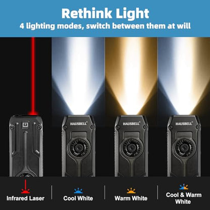 HAUSBELL Flat EDC Flashlight,1800 Lumen UV Magnetic Rechargeable Pocket | Stepless Dimming Dial,Stainless Steel Body,RGB+UV,USB-C Fast Charge,Magnetic Base,Waterproof, for Work,Camping & Emergency - color: Black
