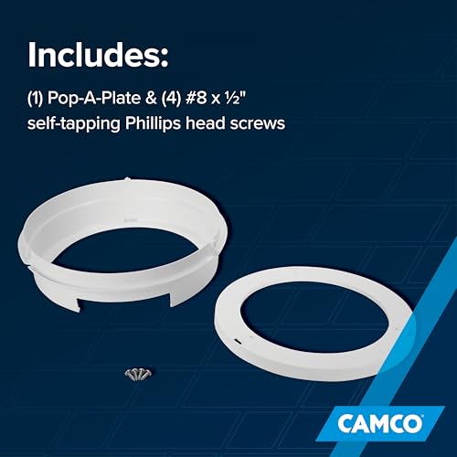 Camco Pop-A-Plate Plastic Plate Dispenser - Measures 10.2" Diameter x 2.6" Tall - Holds 9" Paper Plates - Ideal for Compact Spaces, RVs and Trailers - Mounts Under Cabinets or Shelves - White (57001)