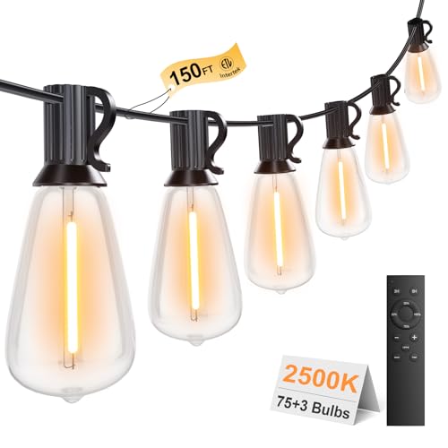 150FT Outdoor String Lights with Remote, Garden Patio Decor with 2500K Warm White, 75+3 LED Edison Bulbs, Support Timer Dimmable Waterproof Shatterproof for Yard Outside Porch Deck Backyard (24v) - size: 150FT