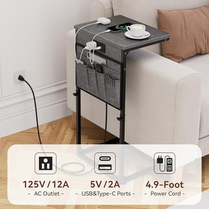 Vagusicc C-Shaped End Table Set of 2 with Charging Station, Small Side Table for Couch, Adjustable Height Couch Side Table, Slide Under Sofa Table TV Tray for Living Room,Bedroom,Bedside, Gray Walnut - color: 2pc Gray Walnut