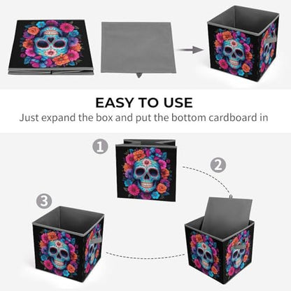Sugar Skull Flowers Foldable Storage Box with Handle Organizer Containers for Home Office Clothes Office Supplies - color: style-7