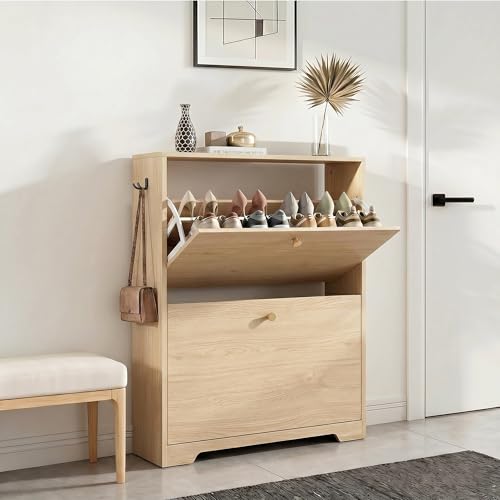 Nicetree Shoe Cabinet with 2 Flip Drawers, Narrow Shoe Organizer Cabinet, Freestanding Shoe Rack Cabinet, Modern Shoe Storage Cabinet for Entryway, Hallway, Foyer Natural Oak with Hook - color: Natural Oak, style: 2-Drawers with Hook