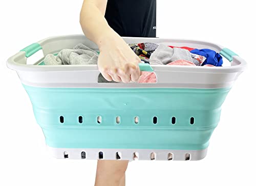 SAMMART 42L (11 gallon) Collapsible Plastic Laundry Basket - Foldable Pop Up Storage Container/Organizer - Portable Washing Tub - Space Saving Hamper/Basket (Grey/Pine) - color: Grey/Pine