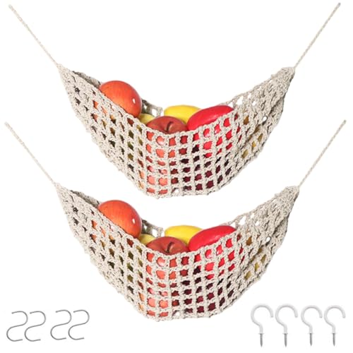 2-Pack Hanging Fruit Hammock with Hooks - Macrame Under Cabinet Veggie Banana Basket, Hand-Woven Boho Fruit Holder, Save Counter Space for Kitchen Home RV Boat (Khaki) - color: Khaki