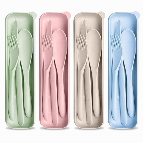 4 Sets Wheat Straw Travel Silverware with Case - Reusable Utensils Set with Case Forks and Spoons Silverware Set Lunch Box Accessories - Fork and Spoon Set Plastic Dinnerware Camping Tableware Set