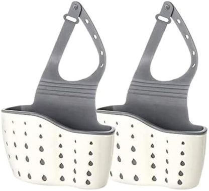 EC ELEGANTCHARM Kitchen Sink Caddy Sponge Holder Silicone Plastic Soap Holder Hanging Ajustable Strap Faucet Caddy with Drain Holes for Drying - color: Beige-2 Pack