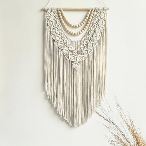 guzhiou Macrame Wall Hanging Boho Geometric Woven Tapestry Cotton Handmade Bohemian Art Decor with Wood Bead Wall Decor for Bedroom Living Room Apartment Nursery 31.5" L x 17" W (Wood bead-B) - color: Wood bead-B