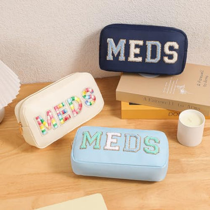 Chenille Letter Patch Nylon Medicine Packages,Cute MEDS Travel Makeup Bag with Metal Zipper, First Aid Purse Organizer Cosmetic Bag for Women and Girls(02Light Blue) - color: 02Light Blue