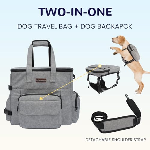 Modoker Dog Travel Organizer with 2 Collapsible Bowls for Supplies & Accessories, Airline Approved Dog Tote Pet Travel Bag with 2 Travel Food Container - color: Soft Grey