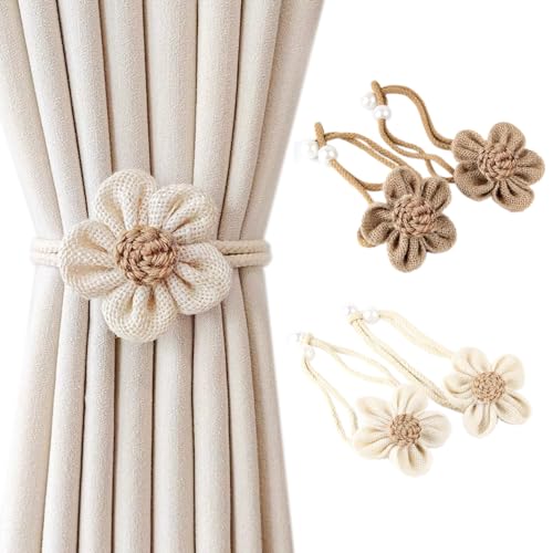 SRG Curtain Tiebacks for Curtains 4 Pack, Decorative Curtain Holdbacks for Drapes, Handmade Tie Backs No Drilling for Home Bedroom Window Decor – Sunflower Large - color: Sunflower Cream+khaki