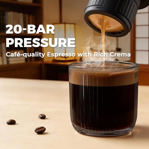 HAUSHOF Portable Electric Espresso Machine, 20 Bar Fast Heat-Up Travel Coffee Maker, USB-C Rechargeable Compatible with Ground Coffee & NS Capsules, for Car, Camping, RV, Hiking & Office