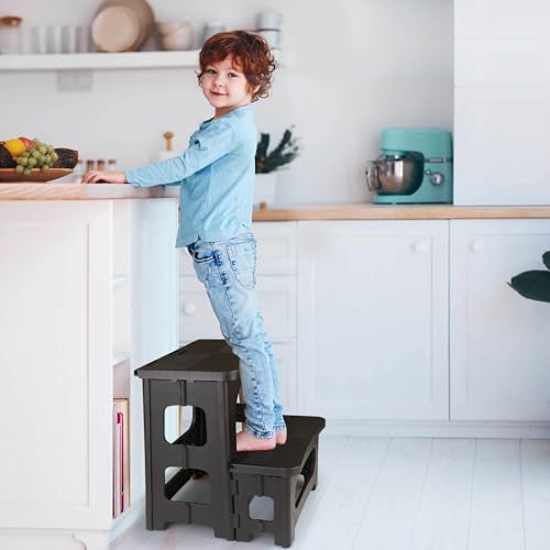 2 Step Folding Stool Non Slip 250 lb Capacity Foldable Step Stool 8 and 17 Inch Dual Height Portable Foot Stool for Kitchen Bathroom Black