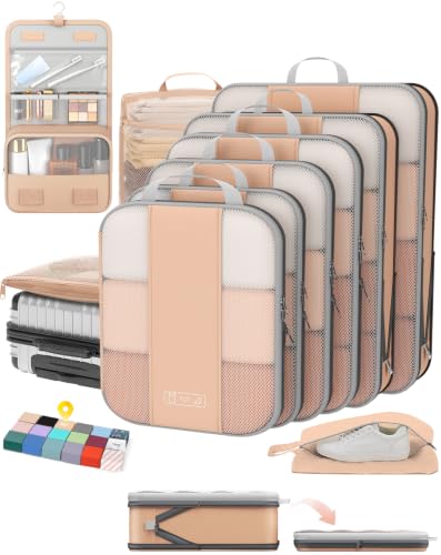 OlarHike 10 Set Compression Packing Cubes for Travel Essentials,Compressible Expandable Space Saver Bags for Organizing Clothes,Luggage Suitcase Garment Bags with Over 1000 pcs Mesh Holes(Gold) - color: Gold