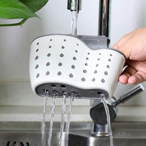 EC ELEGANTCHARM Kitchen Sink Caddy Sponge Holder Silicone Plastic Soap Holder Hanging Ajustable Strap Faucet Caddy with Drain Holes for Drying - color: Beige-2 Pack