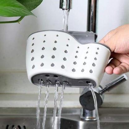 EC ELEGANTCHARM Kitchen Sink Caddy Sponge Holder Silicone Plastic Soap Holder Hanging Ajustable Strap Faucet Caddy with Drain Holes for Drying - color: Beige-2 Pack