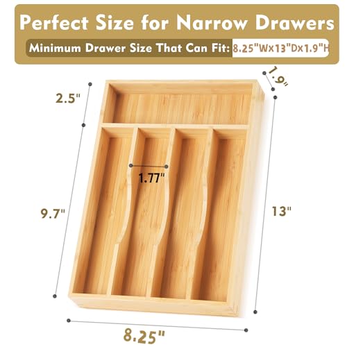 Upassion Bamboo Kitchen Drawer Organizer, 8.25 Inch Utensil Organizer Silverware Utensil Holder for Samll Drawer, Silverware Organizer for Cutlery Knives, Natural - size: 8.25 x 13 inch (5 Slots)