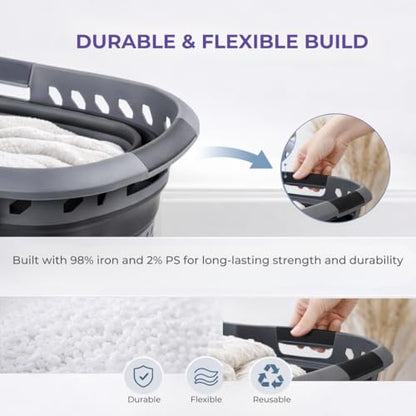 Laundry 360 Collapsible Laundry Basket 40L | Portable | Space Saver Storage | Hold 2 Loads | Store Under the Bed or Closet | Good for Kids | Dorm | Bedroom | Large | Grey/Black - size: 1 Pack Grey 40L