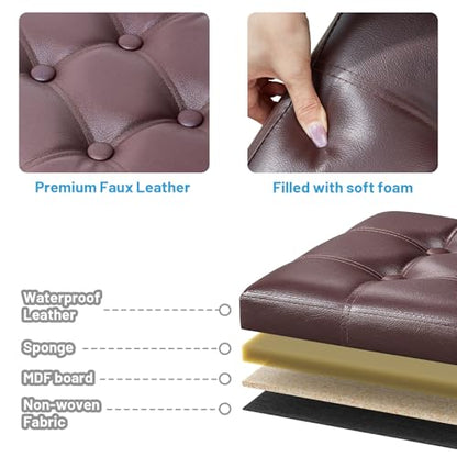 Bsketa Storage Ottoman Foot Rest Stool, Small Leather Storage Ottomans Bench, Folding Footstool with Side Pockets, Foot Rest Under Desk for Living Room Bedroom, 16x12x12 in, Brown 2 Pack - color: Brown 2 Pack-with Side Pockets.