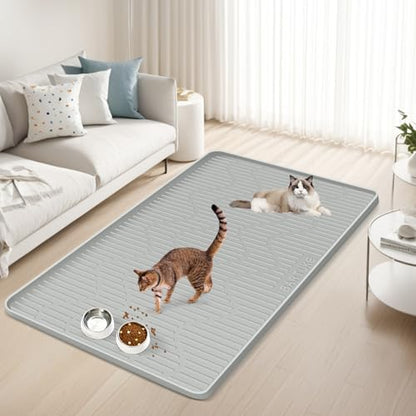 Silicone Cat & Dog Food Mat, 55" x 38" Extra Large Pet Feeding Mat for Cats and Dogs Bowl, Pet Placemat for Food and Water with Raised Edge, Waterproof, Leakproof (Grey) - size: 55"x38"