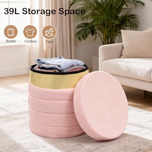Round Ottoman with Storage, Foldable Vanity Stool with Soft Padded, Boucle Foot Stool for Dorm Room, Living Room and Bedroom, Pink