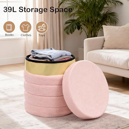 Round Ottoman with Storage, Foldable Vanity Stool with Soft Padded, Boucle Foot Stool for Dorm Room, Living Room and Bedroom, Pink