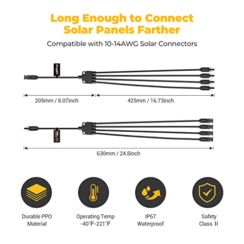 BougeRV Solar Y Branch Connectors Extra Long Solar Panel Parallel Connectors 1 to 4 Solar Cable Wire Plug Tool Kit (2 Pairs/M/FFFF and F/MMMM) - size: 2 Pairs/M/FFFF and F/MMMM