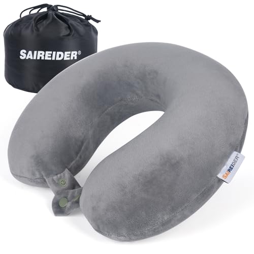 SAIREIDER Travel Pillows for Sleeping Airplane 100% Pure Memory Foam Neck Pillow for Airplanes Washable Cover with Storage Bag (Grey) - color: Grey(storage Bag)