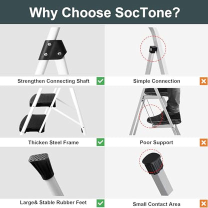 SocTone 3 Step Ladder, Folding Step Stool for Adults with Handle, Lightweight, Perfect for Kitchen& Household, 500lbs Capacity Sturdy Steel Ladder White - size: 3-Step