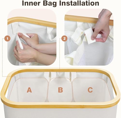 Extra Large 3 Section Dirty Clothes Laundry Basket with Lid, Dirty Clothes Hampers with Removable Bags for bedroom and Laundry Room, Beige - color: Beige, size: 145L