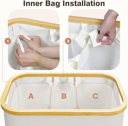 Extra Large 3 Section Dirty Clothes Laundry Basket with Lid, Dirty Clothes Hampers with Removable Bags for bedroom and Laundry Room, Beige - color: Beige, size: 145L