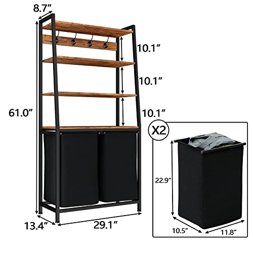 Furnulem 4 Tiers Laundry Hamper with Shelf and Hooks, Tall Laundry Basket Sorter with 2 Removable Bags, Double Clothes Hampers Organizers for Bathroom Bedroom