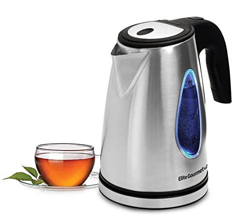 Elite Gourmet EKT-1271 Ultimate 1.7 Liter Electric Kettle – Stainless Steel Design & Cordless 360° Base, Stylish Blue LED Interior, Handy Auto Shut-Off Function – Quickly Boil Water For Tea & More - color: Stainless Steel