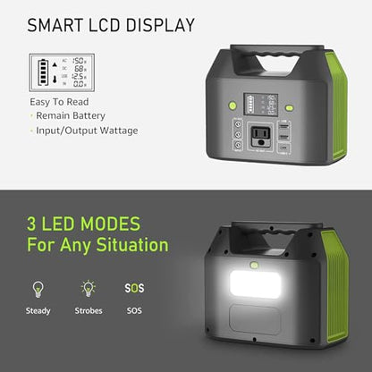 EnginStar Portable Power Station, 150W 155Wh Power Bank with 110V AC Outlet, 6 Outputs External Battery Pack Portable Backup Battery Laptop Charger with LED Light for Home Camping - color: Green