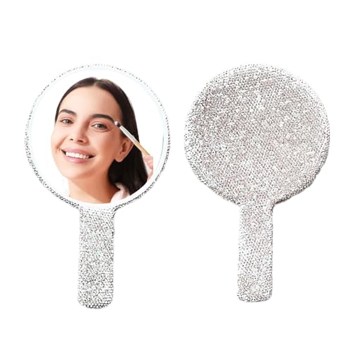 Large Rhinestone Handheld Mirror Heart Bling Glitter Cosmetic Dazzling Portable Hand Mirrors with Handle for Women Wedding Silver White (Round-White) - color: Round-white