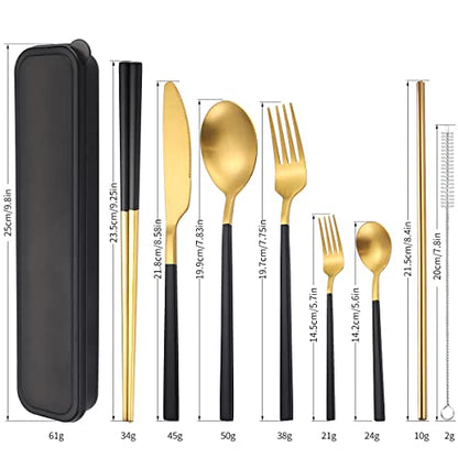 AARAINBOW 6 Pieces Stainless Steel Flatware Set Portable Reusable Cutlery Set Travel Utensils Set Including Chopsticks Knife Fork Spoon Straws Cleaning Brush Dishwasher Safe (B-Black golden) - color: B-Black golden