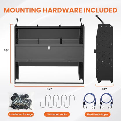 Adjustable Cargo Van Shelving with Lockable Door and Hooks, Heavy Duty Steel Storage 52" W x 46" H x 13" D, Fits Transit, ProMaster, Chevy Express, GMC Savana, Sprinter, Low/Mid/High Roof - size: 52" W x 46" H x 13" D